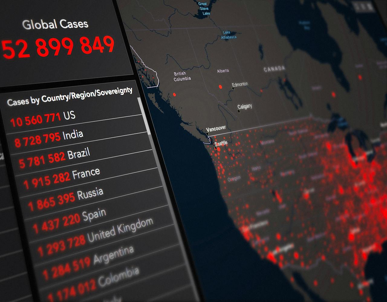 about-us-01 Detailed map showing COVID-19 global cases with data visualization by country.